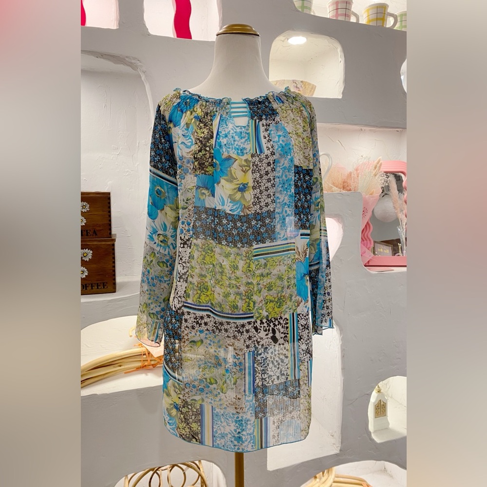 Y2K Blue & Green Sheer Mesh Long Sleeve Floral Patchwork Tunic Top Mini Dress